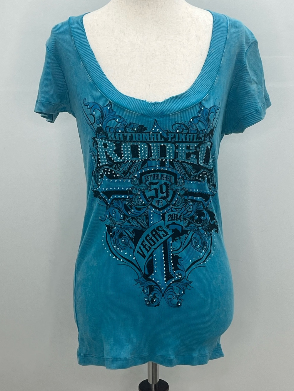 PRCA ProRodeo NFR Women Vegas 2014 Rhinestone Short Sleeve Ribbed V-Neck Top M